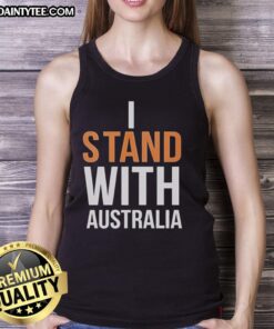 Top I Stand With Australia at Bondi Beach Tank Top worn by a person against a vibrant beach backdrop.