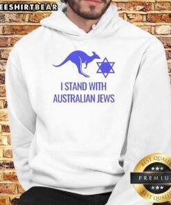 Top I Stand With Australian Jews hoodie featuring Bondi Kangaroo logo, promoting unity and support in Australia.