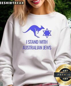 Alt Text: Top I Stand With Australian Jews sweatshirt featuring Bondi Australia kangaroo logo, promoting community support.