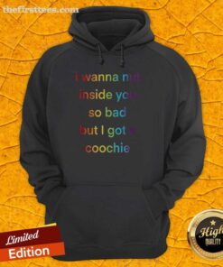 Alt Text: Colorful hoodie with rainbow text saying 'Top I Wanna Nut Inside You So Bad But I Got A Coochie' design.