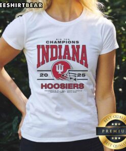 Alt Text: 2025 Top Indiana Hoosiers Big Ten Football Champions Ladies Tee in red with team logo, perfect for fans.