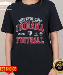 Alt Text: 2026 Rose Bowl game featuring Indiana Hoosiers in CFP quarterfinals, presented by Prudential, ladies' tee design.