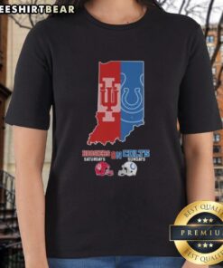 Top Indiana Hoosiers on Saturdays and Indianapolis Colts on Sundays ladies tee featuring team colors and logos.
