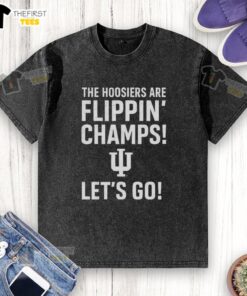 Alt Text: Top Indiana Hoosiers 'Flippin Champs' t-shirt showcasing team spirit and pride in vibrant colors.