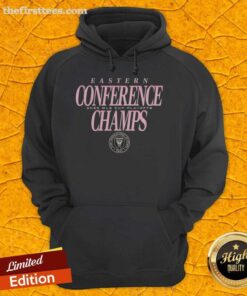 Alt Text: Top Inter Miami CF 2025 MLS Eastern Conference Champions hoodie in black with team logo and stylish design.