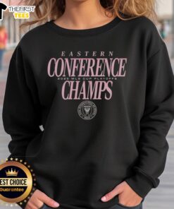 Top Inter Miami CF 2025 MLS Eastern Conference Champions sweatshirt featuring team logo and vibrant colors.