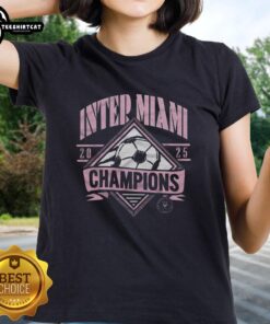 2025 Inter Miami CF MLS Cup Champions ladies tee featuring team logo and vibrant design for fans and supporters.