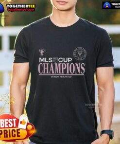 Alt Text: Inter Miami CF MLS Cup Champions 2025 logo t-shirt featuring a vibrant design and diving stretch graphic.