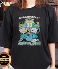 Top Jacksonville Jaguars outfit featuring Snoopy and Charlie Brown 33rd Anniversary 1993-2026 ladies tee design.