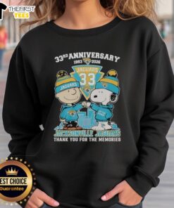 Top Jacksonville Jaguars outfit featuring Snoopy and Charlie Brown 33rd Anniversary sweatshirt 1993-2026.
