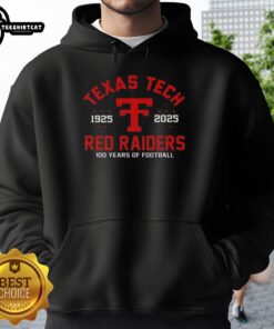 Alt Text: Top Jacob Rodriguez Texas Tech 100 Years of Football 1925-2025 hoodie design featuring school colors and logo.
