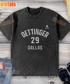 Top Jake Oettinger Dallas Stars ice hockey name and number 29 washed t-shirt, featuring stylish design and team colors.