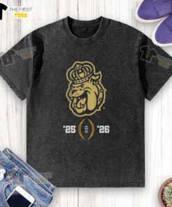 Alt Text: Top James Madison Dukes 2025-2026 College Football Playoff Logo Washed T-Shirt in navy blue with bold graphics.