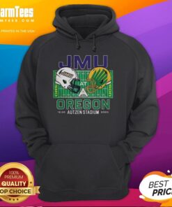 James Madison Dukes vs Oregon Ducks NCAA CFP 2025 hoodie featuring Autzen Field helmet design.