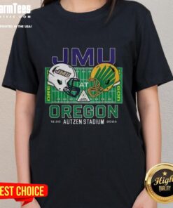 Top James Madison Dukes vs Oregon Ducks NCAA CFP 2025 Autzen Field helmet on a ladies tee, showcasing team spirit.