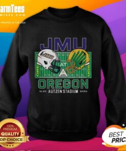 Top James Madison Dukes vs Oregon Ducks NCAA CFP 2025 Autzen Field sweatshirt featuring vibrant team logos.