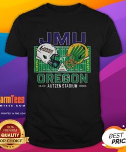 Top James Madison Dukes vs Oregon Ducks NCAA CFP 2025 Autzen Field helmet graphic on a stylish T-shirt.