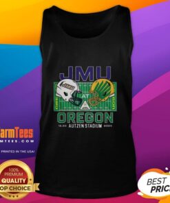 James Madison Dukes vs Oregon Ducks NCAA CFP 2025 tank top featuring Autzen Field helmet design.
