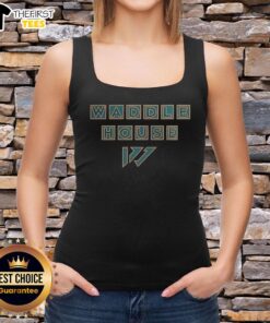 Alt Text: Top Jaylen Waddle Miami Dolphins Waddle House logo tank top featuring vibrant colors and sporty design.