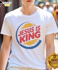Alt Text: Top Jesus Is King style burger logo T-shirt featuring vibrant design and bold lettering, perfect for fans of Kanye West.
