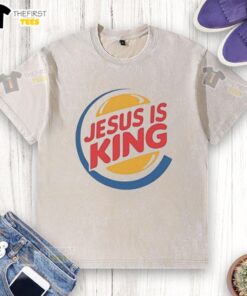 Top Jesus Is King Style Burger Logo on a Washed T-Shirt, perfect for fans of unique and trendy apparel.