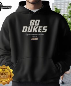 Top JMU Football Go Dukes 2025 CFP Team Slogan Hoodie showcasing bold team colors and logo for fans.
