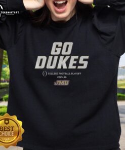 JMU Football Go Dukes 2025 CFP Team Slogan Sweatshirt in navy blue, perfect for fans supporting their team.