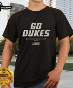 Alt Text: Top JMU Football Go Dukes 2025 CFP Team Slogan T-Shirt featuring bold graphics and vibrant colors.