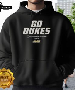 Alt Text: Top JMU Football Go Dukes 2025 College Football Playoff Team Slogan Hoodie in navy blue with bold graphics.