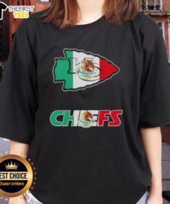 Alt Text: Kansas City Chiefs football ladies tee featuring a vibrant Mexican flag logo design for fans.
