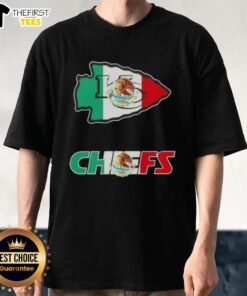 Alt Text: Kansas City Chiefs football t-shirt featuring the team's logo alongside the Mexican flag design, perfect for fans.