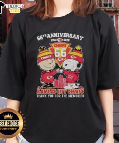 Stylish ladies tee celebrating the 66th anniversary of Snoopy and Charlie Brown, featuring Kansas City Chiefs design.