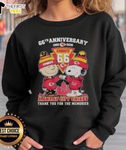Top Kansas City Chiefs outfit featuring Snoopy and Charlie Brown 66th Anniversary sweatshirt, perfect for fans.
