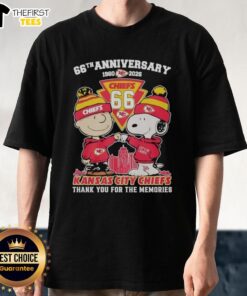 Top Kansas City Chiefs outfit featuring Snoopy and Charlie Brown 66th anniversary t-shirt, celebrating 1960-2026.