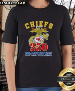 Alt Text: Kansas City Chiefs X U.S.M.C 250th Birthday Celebration Ladies Tee featuring vibrant team colors and logo design.