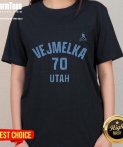 Alt Text: Top Karel Vejmelka Utah Mammoth ice hockey ladies tee featuring name and number 70 on a stylish design.