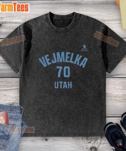 Alt Text: Top Karel Vejmelka Utah Mammoth Ice Hockey Name and Number 70 washed t-shirt in blue with a sporty design.