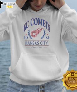 Vintage 1981 KC Comets hoodie showcasing Kansas City Soccer Club logo and retro design for sports fans.