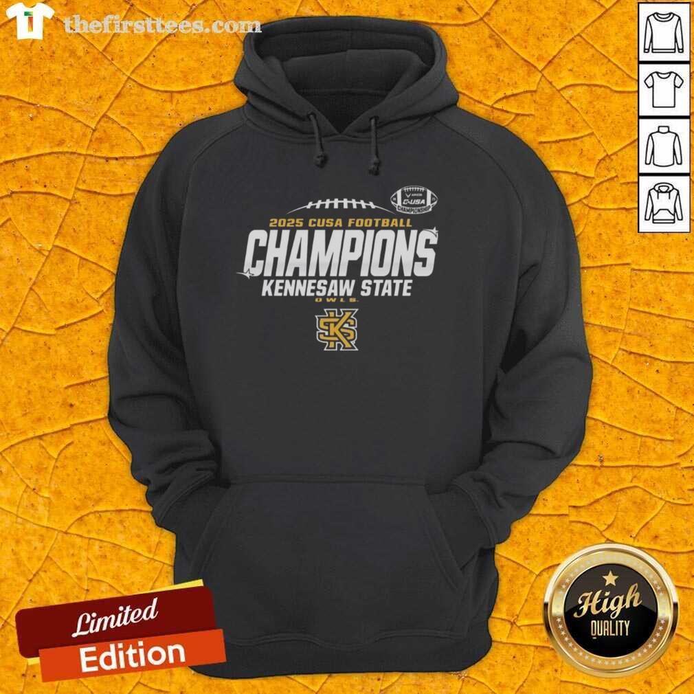top-kennesaw-state-owls-2025-c-usa-champs-hoodie Top Kennesaw State Owls 2025 C-USA Champs hoodie in black, featuring team logo and championship design.