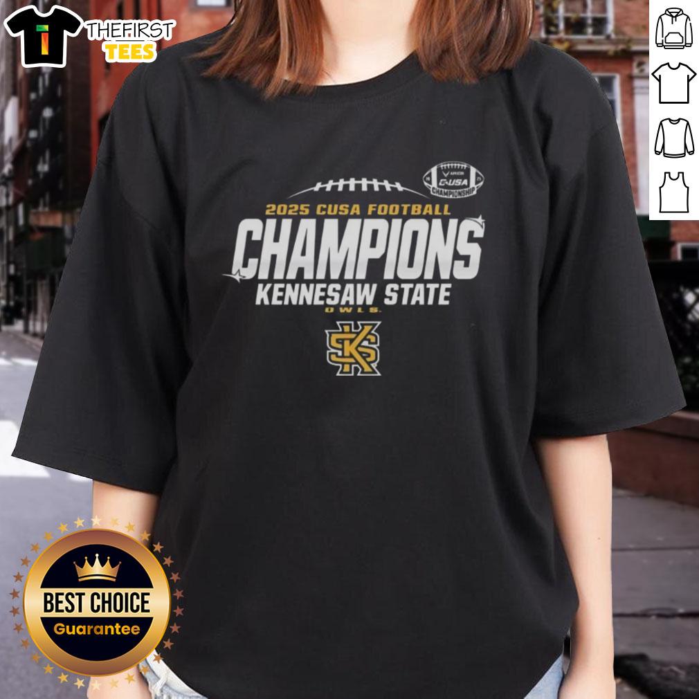 top-kennesaw-state-owls-2025-c-usa-champs-ladies-tee Kennesaw State Owls 2025 C-USA Champs ladies tee shirt design featuring team colors and logo.
