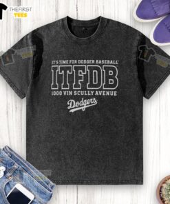Stylish washed t-shirt featuring the top Los Angeles Dodgers logo at 1000 Vin Scully Avenue, perfect for fans.