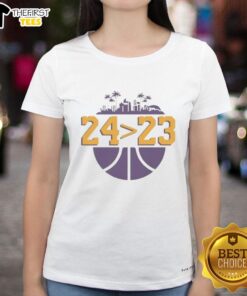 Alt Text: Ladies tee featuring Top Los Angeles Lakers 24 over 23 design, perfect for Lakers fans and stylish sportswear.
