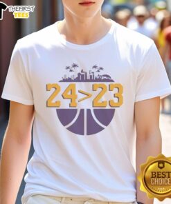 Alt Text: Top Los Angeles Lakers 24 Over 23 T-Shirt featuring bold graphics and team colors, perfect for Lakers fans.