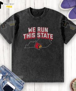 Alt Text: Top Louisville Basketball We Run This State washed t-shirt in red, perfect for fans showing team pride.