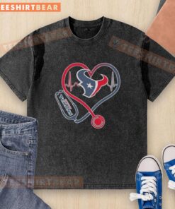 Alt Text: Houston Texans stethoscope headphones graphic on a washed t-shirt, perfect for fans showing team spirit.