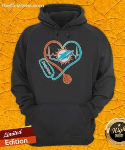 Miami Dolphins hoodie featuring stethoscope and headphones design, perfect for fans showing team spirit.