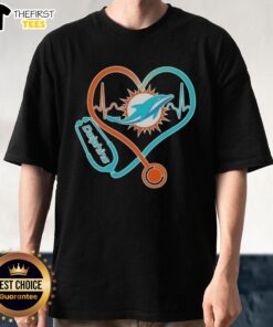 Miami Dolphins fans T-shirt featuring a stethoscope and headphones design, perfect for showing love for the team.