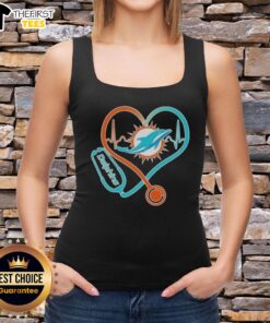 Alt Text: Miami Dolphins tank top for fans featuring a stethoscope and headphones design, perfect for game day style.