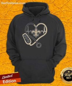 New Orleans Saints hoodie featuring stethoscope headphones, perfect for fans celebrating their team spirit.