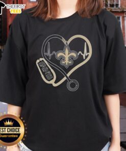 Alt Text: New Orleans Saints stethoscope headphones graphic on a ladies tee, perfect for fans of the NFL team.